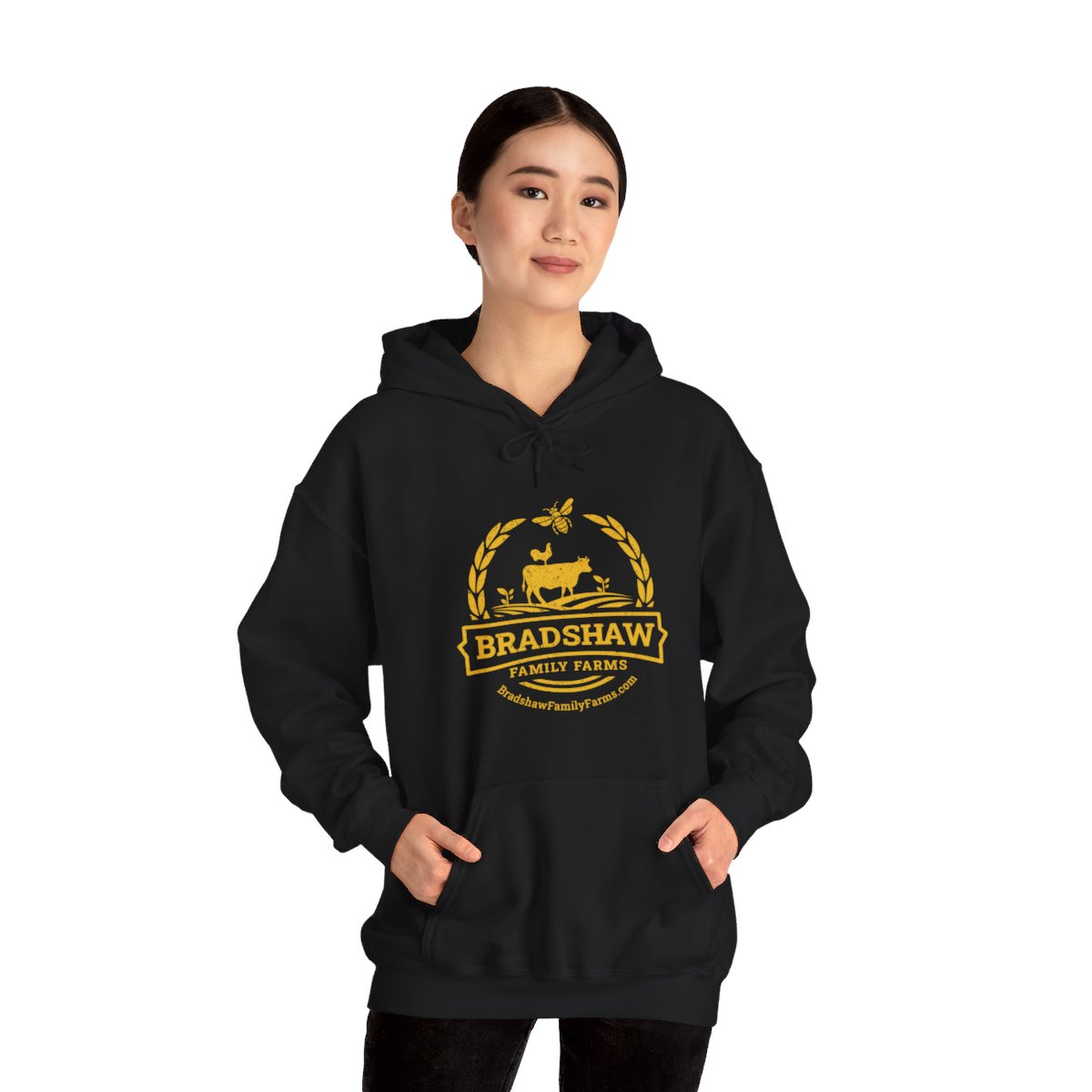 Bradshaw family farms logo on hoodie