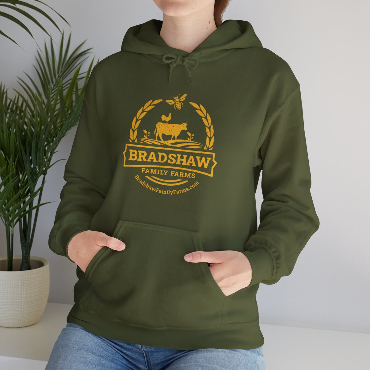 Bradshaw family farms logo on hoodie