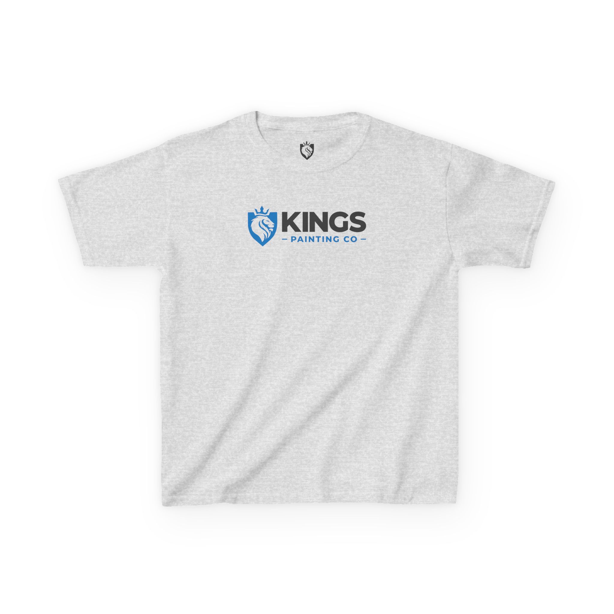 Kids ultra cotton Gildan t-shirt in light gray, featuring the KINGS PAINTING CO logo in bold black and blue lettering with a blue paintbrush inside a shield graphic on the chest.