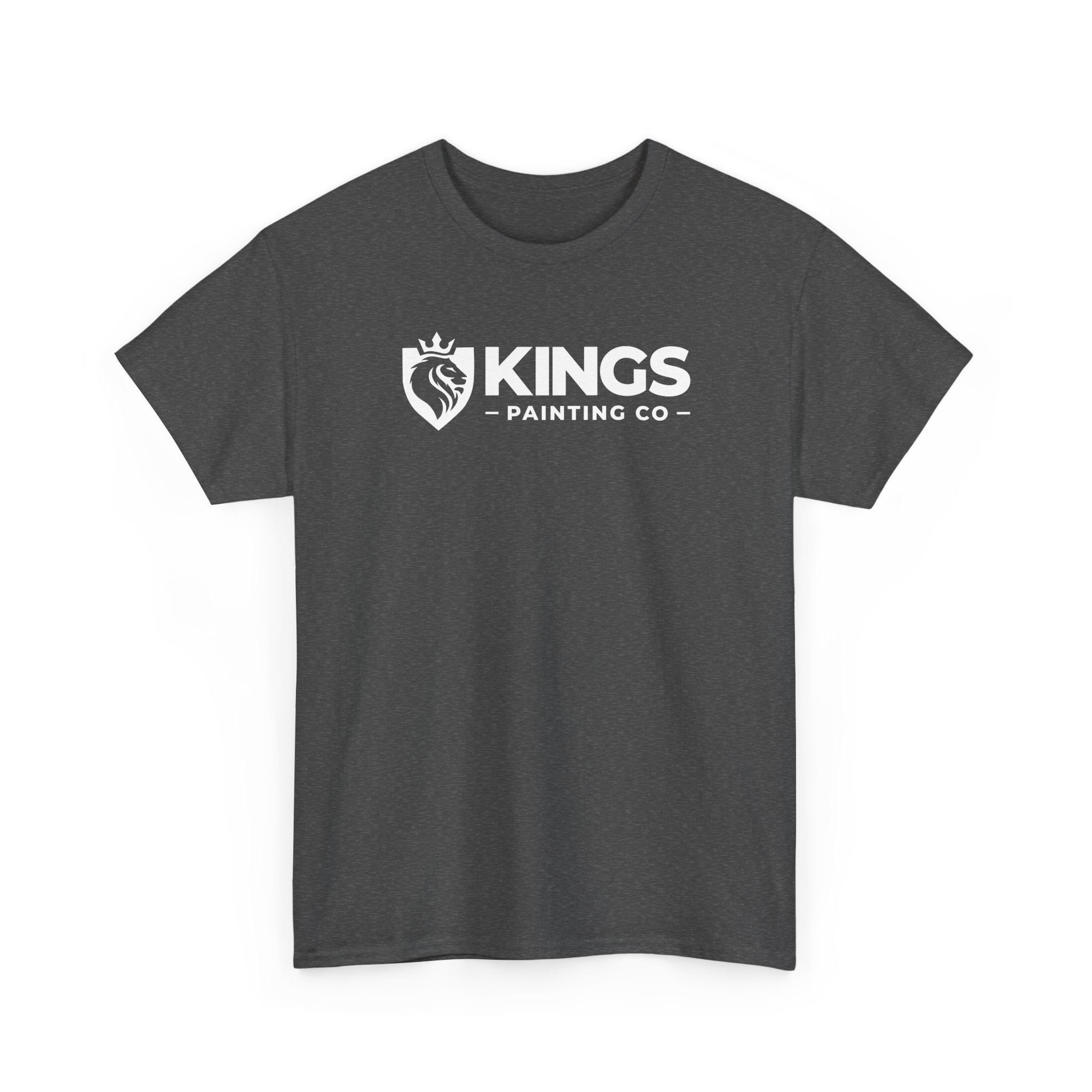 Kings Painting Co. Logo T‑Shirt (Heather) | Gildan Ultra Cotton (G5000): This heather dark gray t-shirt features “KINGS PAINTING CO” and a white lion’s head with a crown inside a shield printed on the chest.