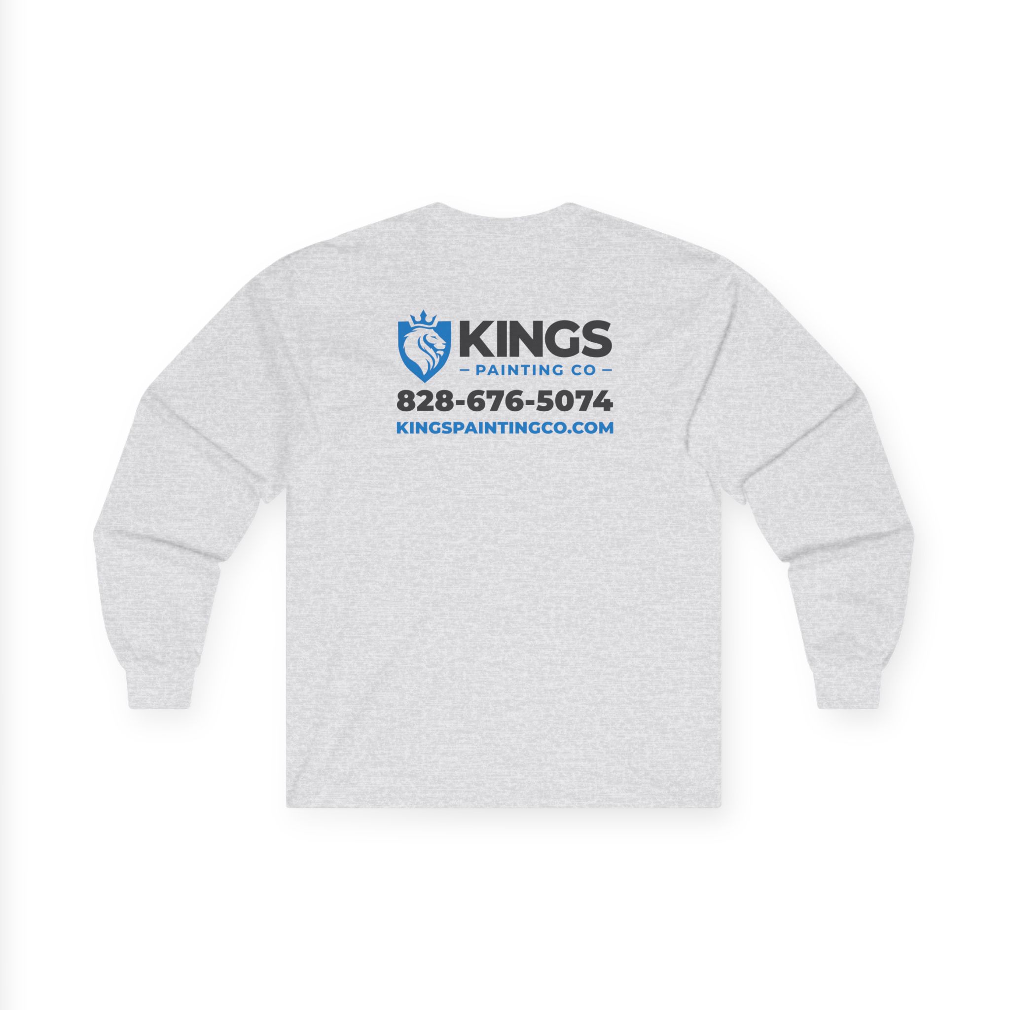 The Kings Painting Co. Long Sleeve Tee (Gildan 2400) is a gray long-sleeve shirt featuring the Kings Painting Co logo, phone number (828-676-5074), and website (kingspaintingco.com) printed in blue on the back.