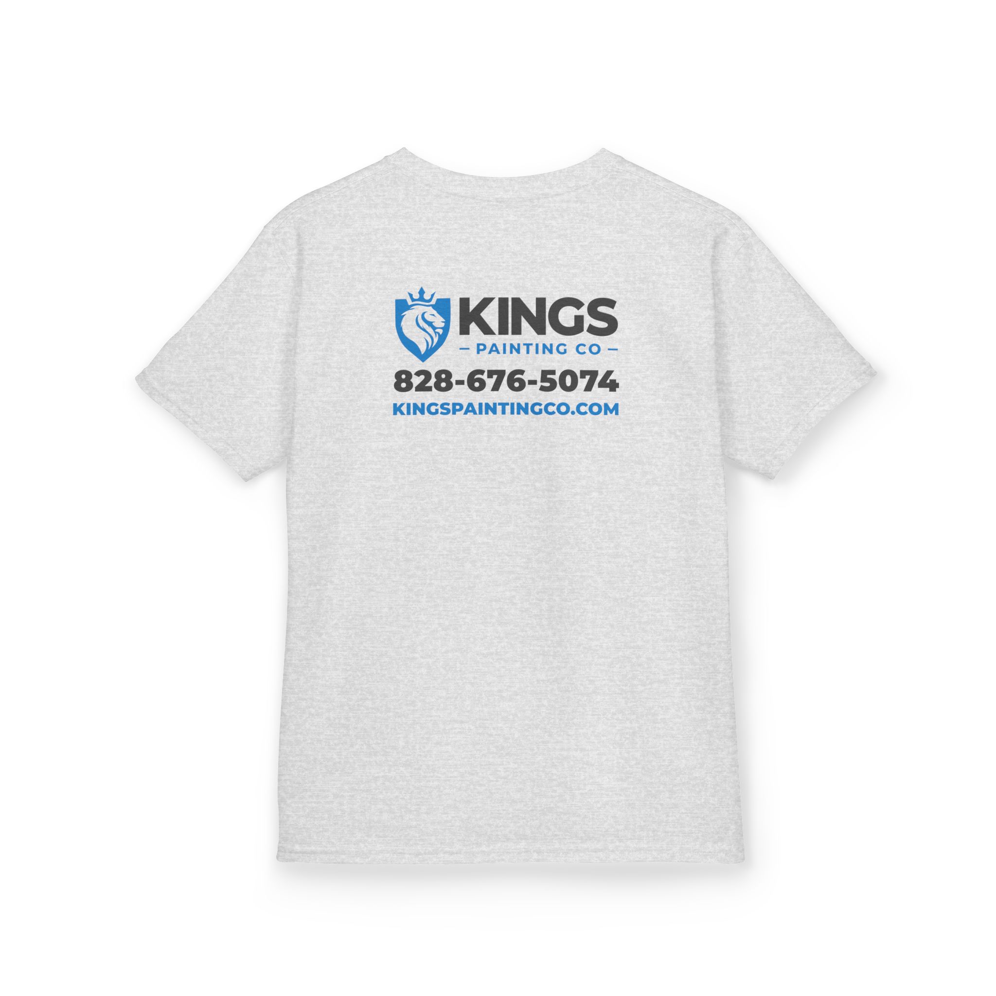 Kings Painting Co. Kids T-Shirt (Ultra Cotton Gildan) featuring “KINGS Painting Co,” a blue lion logo, the phone number 828-676-5074, and the website KINGSPAINTINGCO.COM printed on the back in blue and black text.