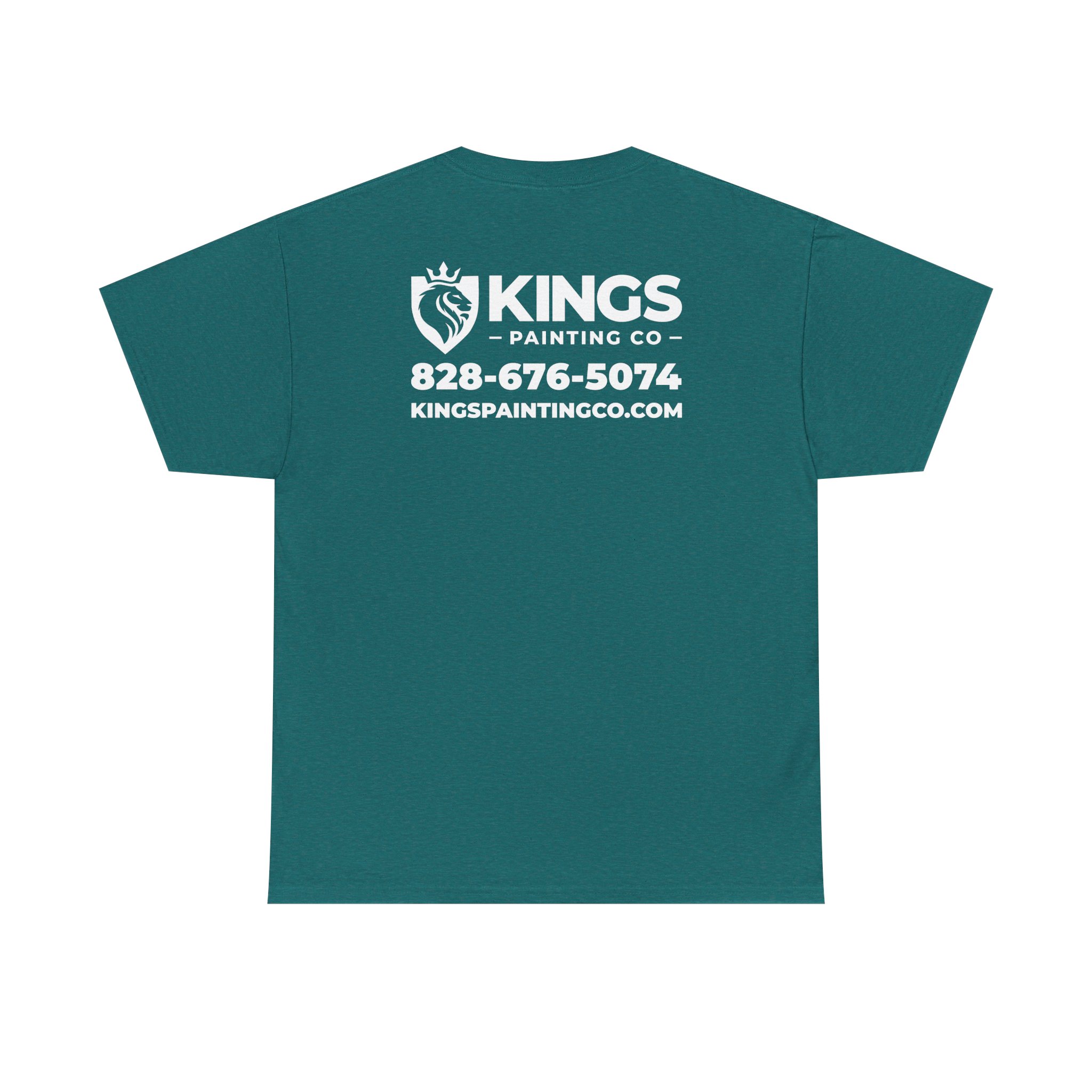 Kings Painting Co. Logo T‑Shirt (Heather) | Gildan Ultra Cotton (G5000) featuring a teal color with the Kings Painting Co logo, phone number (828-676-5074), and website (kingspaintingco.com) printed in white on the back.