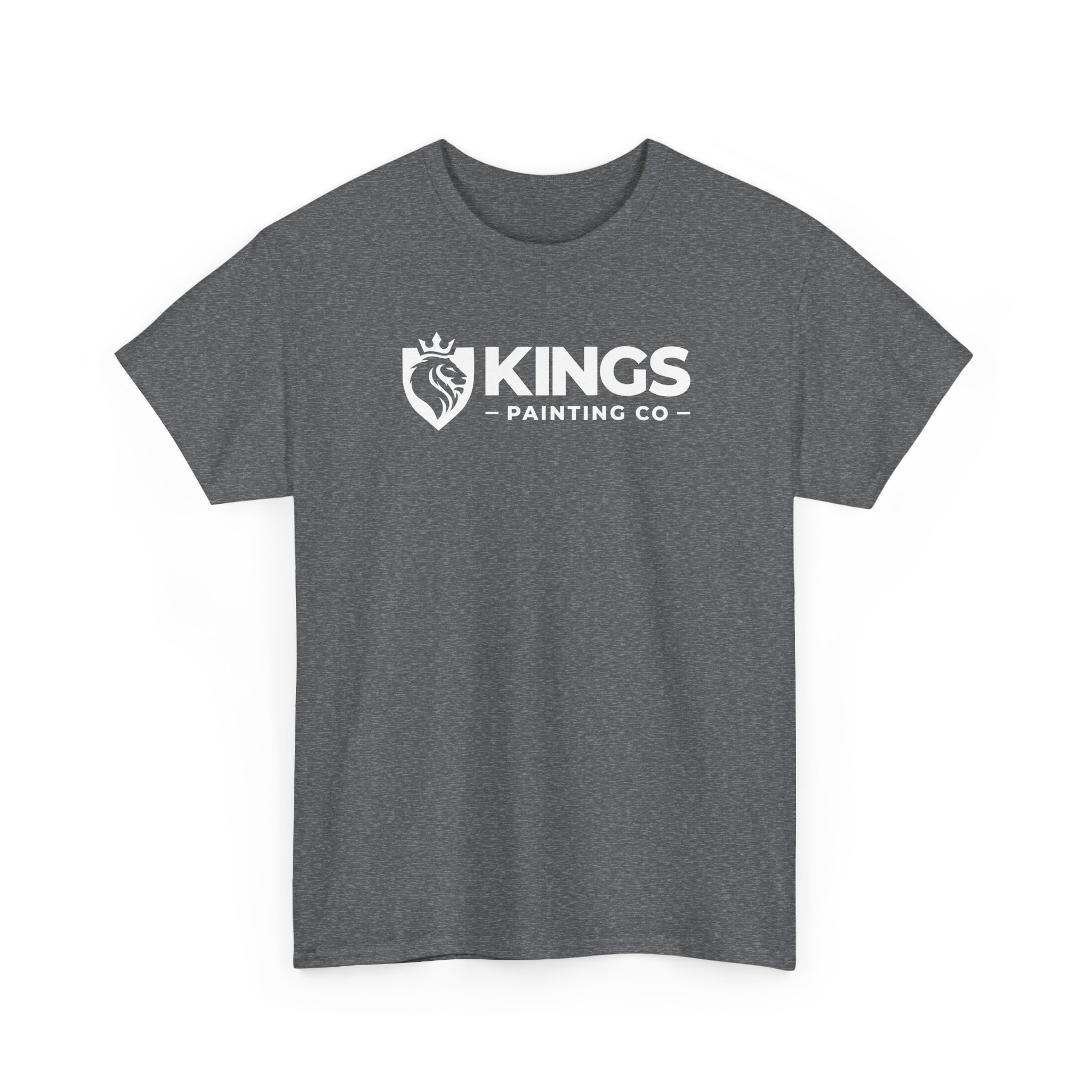 Heather t-shirt featuring the Kings Painting Co. crowned lion’s head logo inside a shield and “Kings Painting Co” printed across the chest, on a Gildan Ultra Cotton (G5000) shirt.