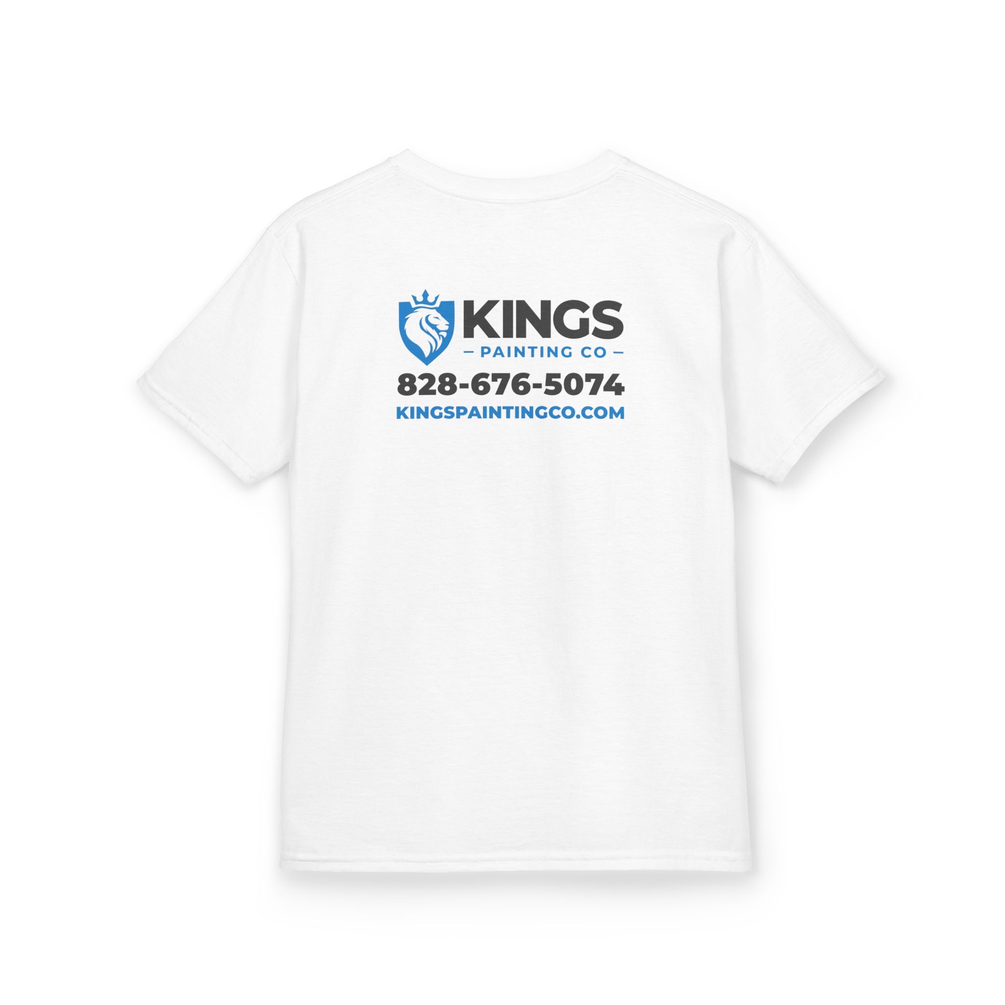 Kings Painting Co. Kids T-Shirt (Ultra Cotton Gildan) features a white design with Kings Painting Co, a blue lion logo, phone number 828-676-5074, and the website kingspaintingco.com printed on the back in blue and black text.