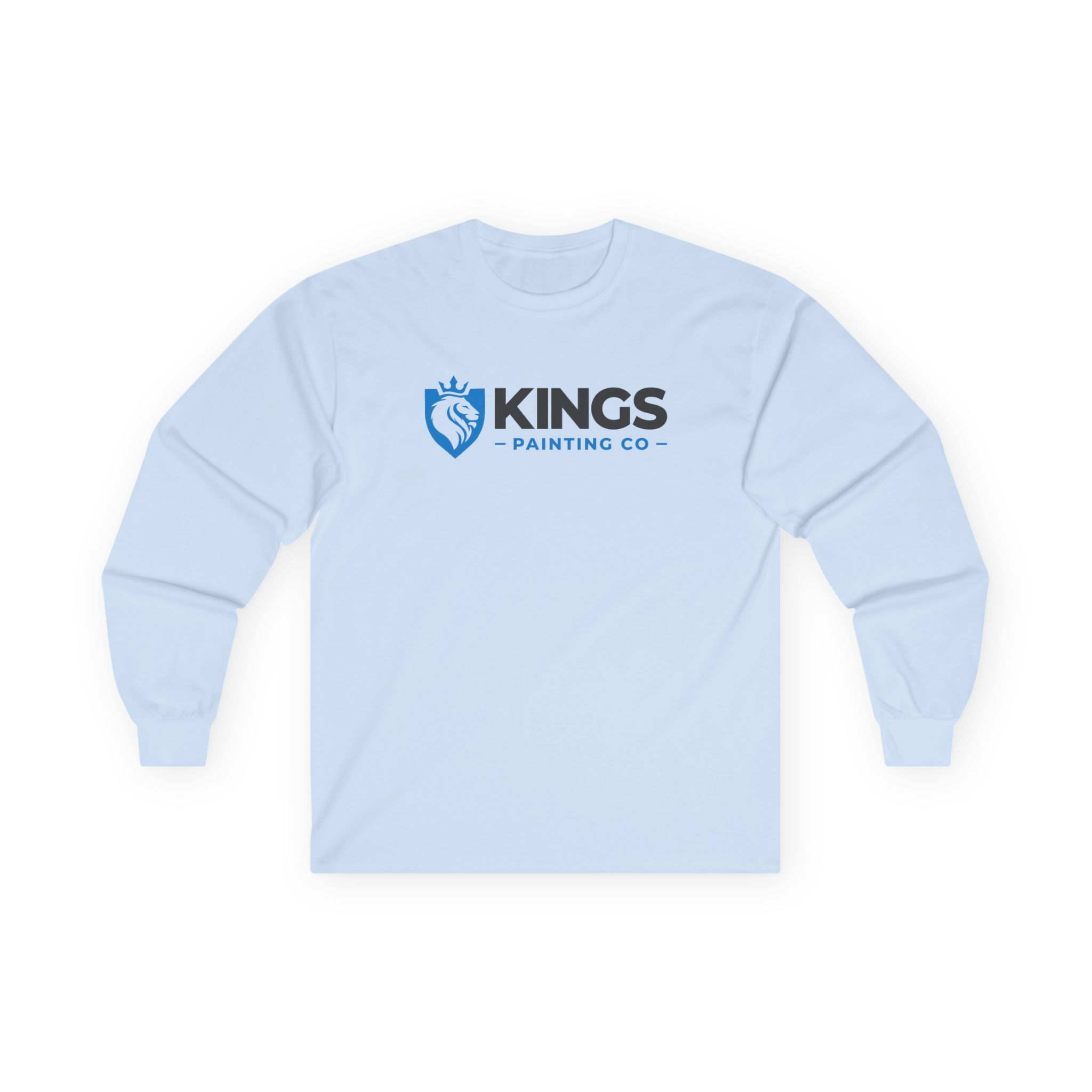 Kings Painting Co. Long Sleeve Tee (Gildan 2400) in light blue, featuring KINGS PAINTING CO and a blue lion crest logo printed on the chest, displayed flat on a white background.