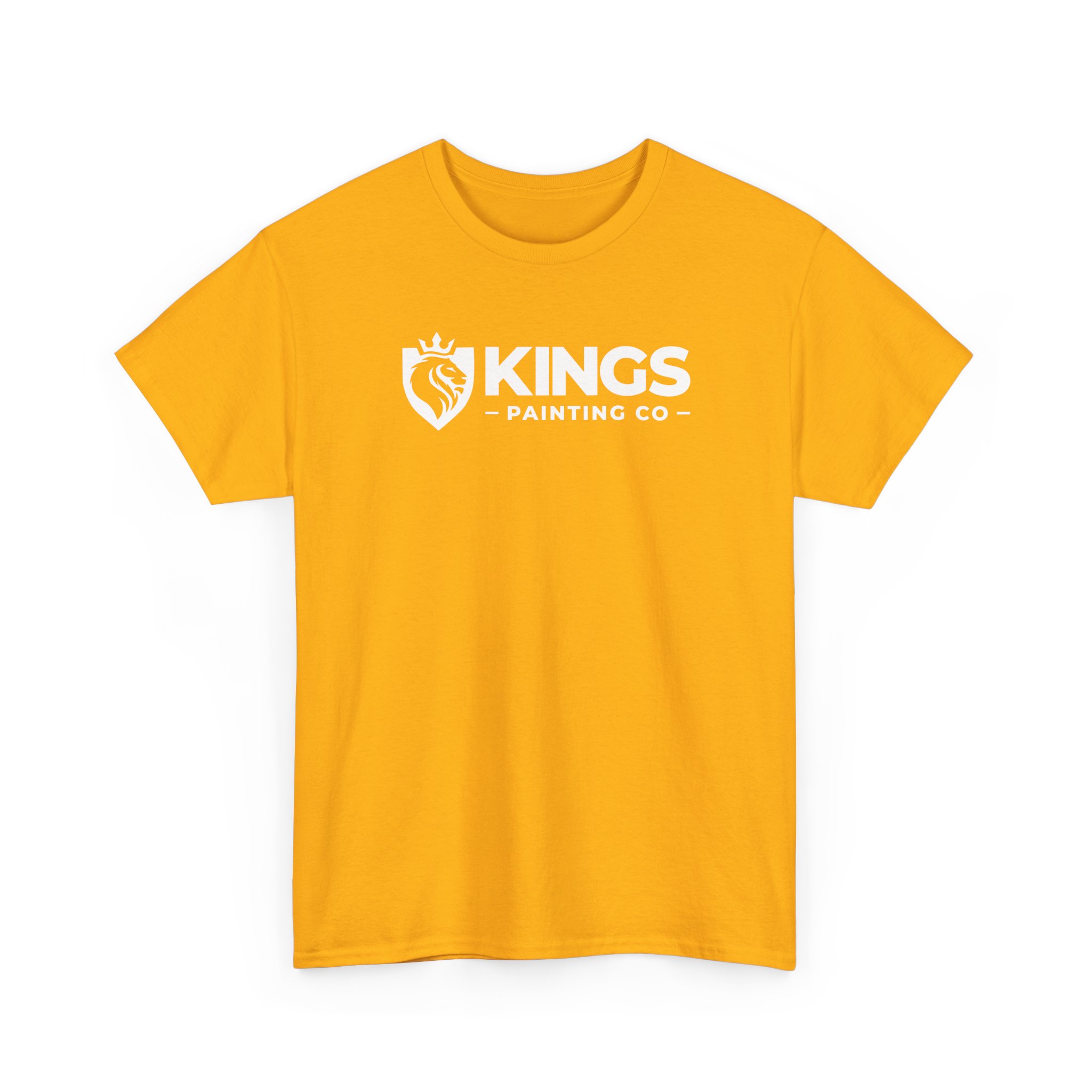 A bright yellow Gildan Ultra Cotton t-shirt featuring the Kings Painting Co. name and a white lion crest logo printed across the chest.