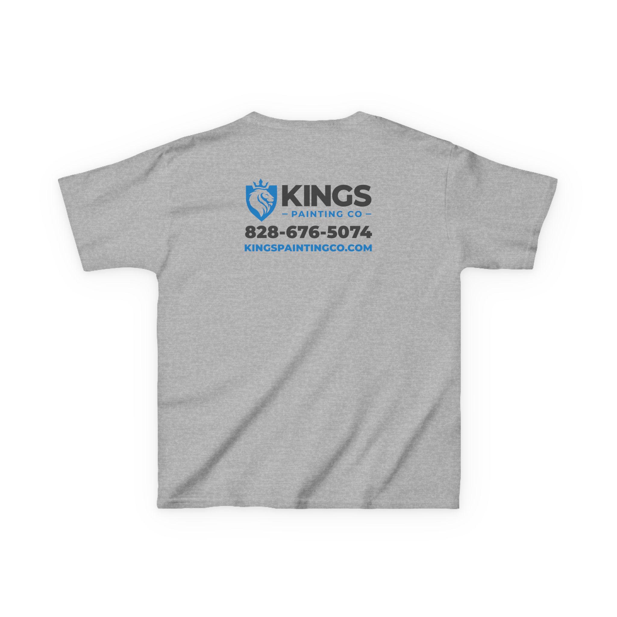 Kings Painting Co. Kids T-Shirt (Ultra Cotton Gildan) in gray, featuring the back print with KINGS PAINTING CO., a blue paintbrush logo, phone number 828-676-5074, and website KINGSPAINTINGCO.COM in blue and black text.