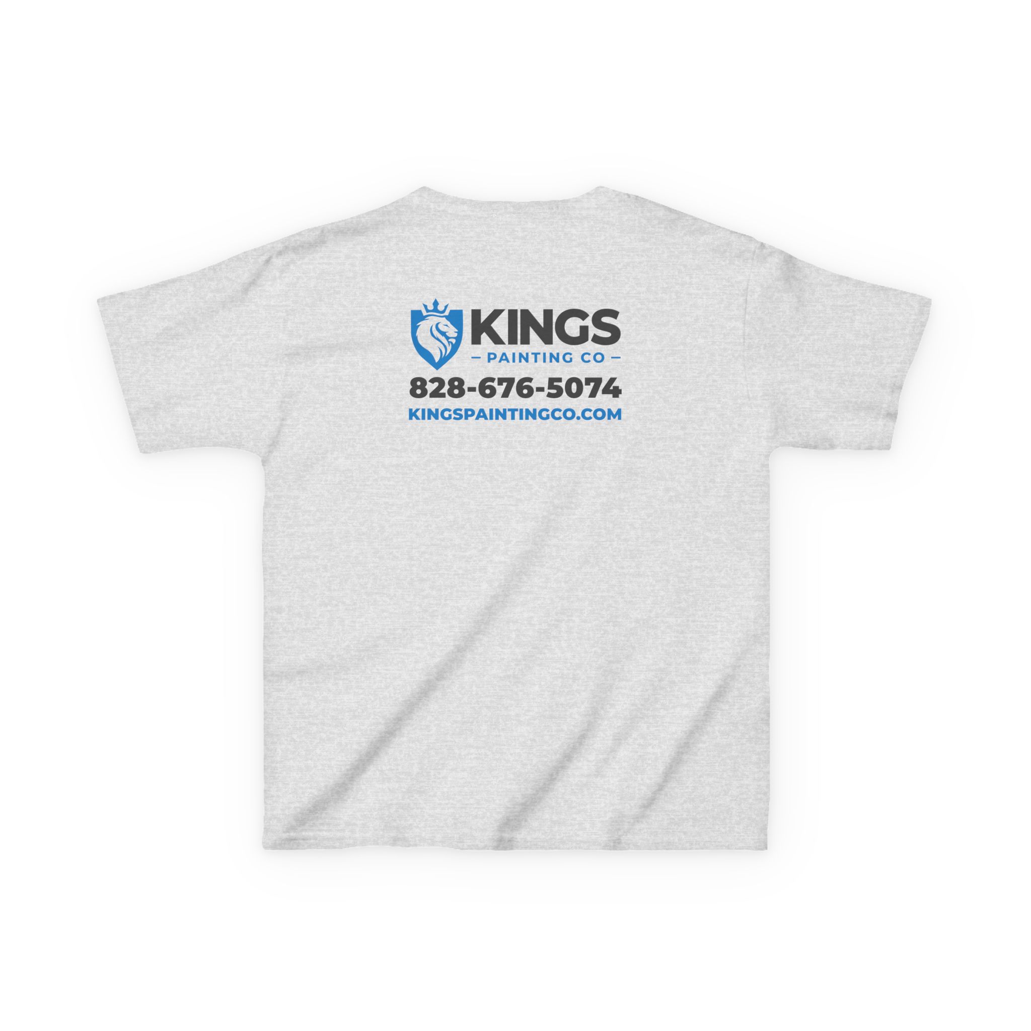 Kings Painting Co. Kids T-Shirt (Ultra Cotton Gildan) featuring the Kings Painting Co. logo, phone number (828-676-5074), and website (kingspaintingco.com) printed in blue and black on the upper back.