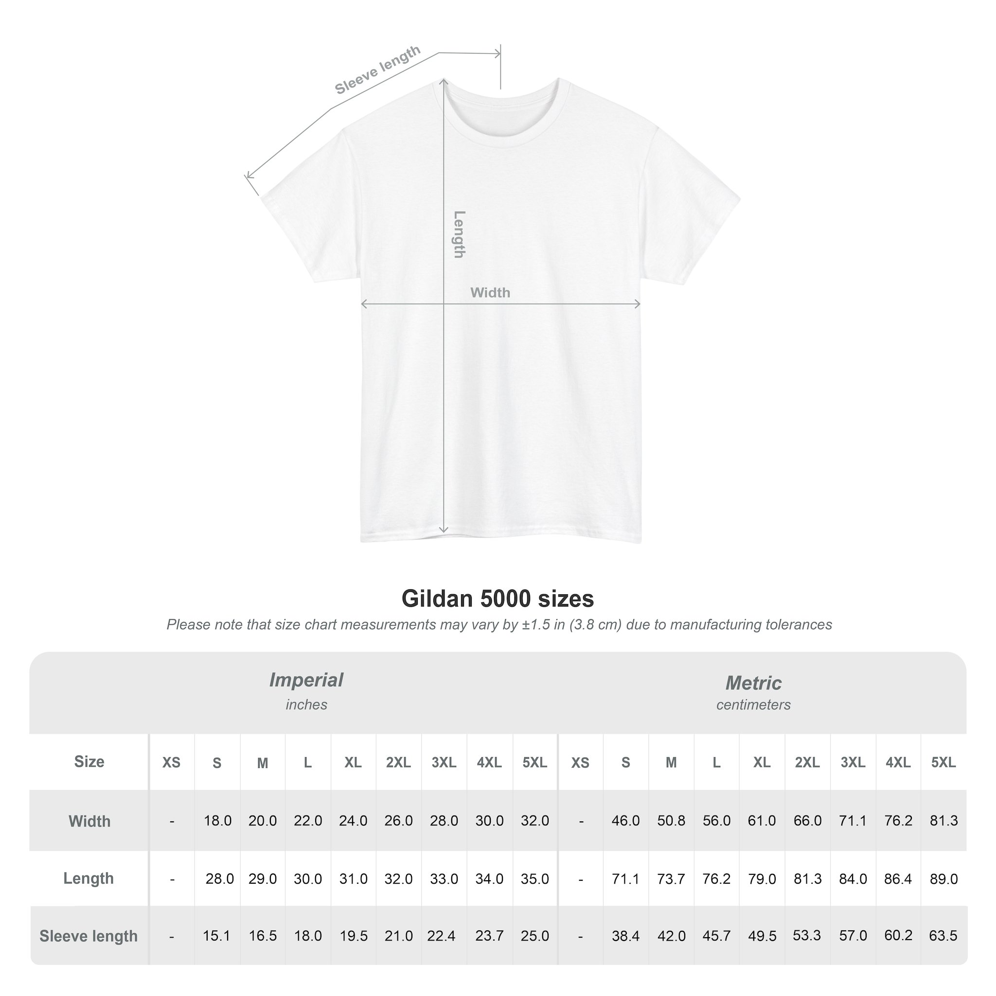 Diagram of a white Kings Painting Co. Logo T‑Shirt (Classic) | Gildan Ultra Cotton (G5000) illustrating length, width, and sleeve length. Below is a size chart for Gildan Ultra Cotton (G5000) shirts in sizes XS–5XL, with measurements in inches and centimeters for width, length, and sleeve length.