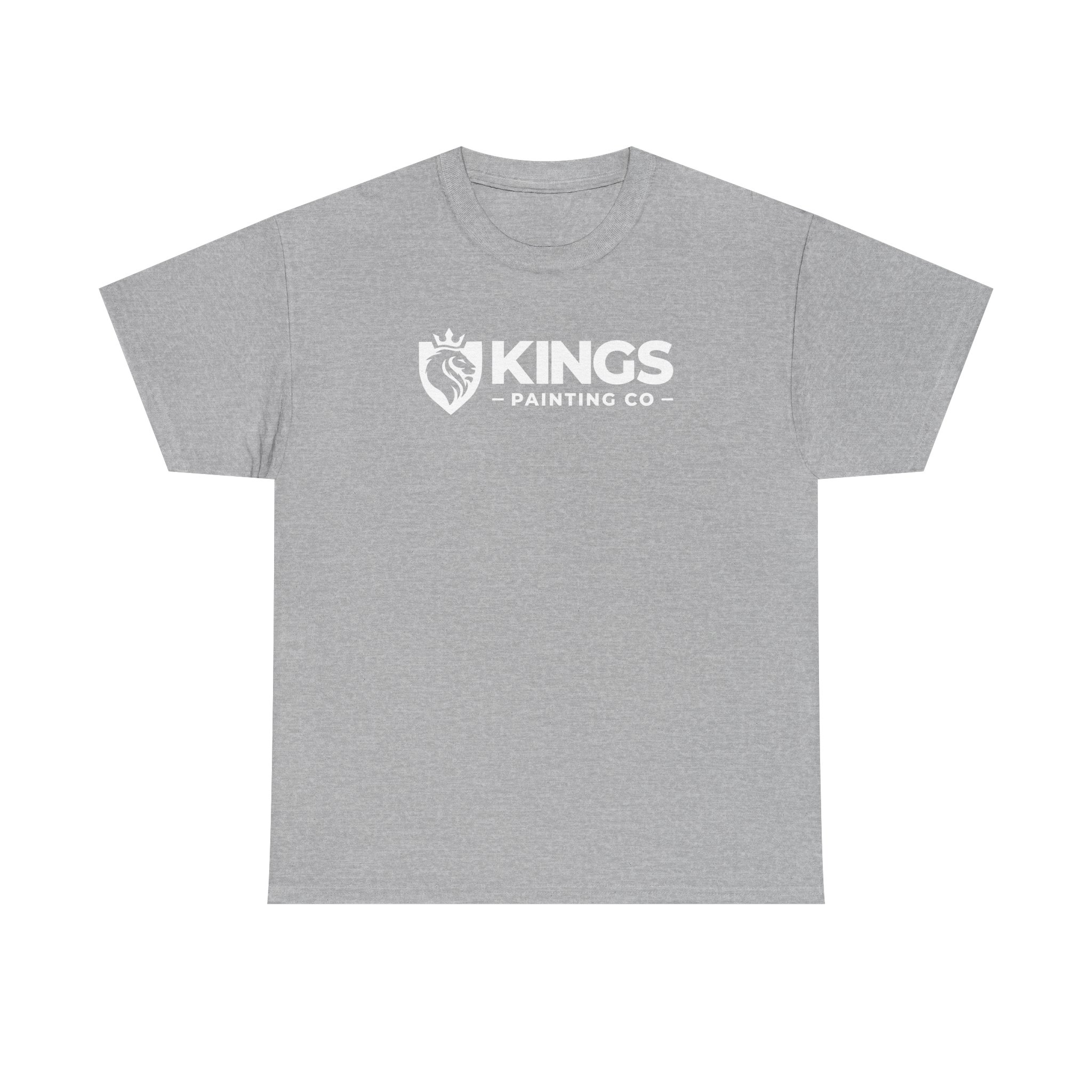 Kings Painting Co. Logo T‑Shirt (Heather) | Gildan Ultra Cotton (G5000) features a gray heather t-shirt with a white shield, lion head, and crown logo beside the “KINGS PAINTING CO.” text, centered on the chest.